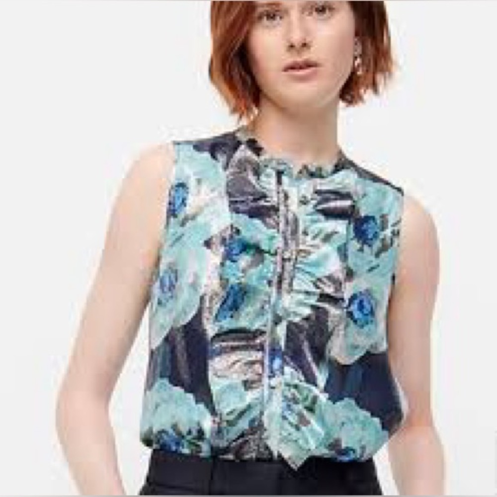 J Crew Floral Metallic Jacquard Ruffle Sleeveless Blouse Top Size Small